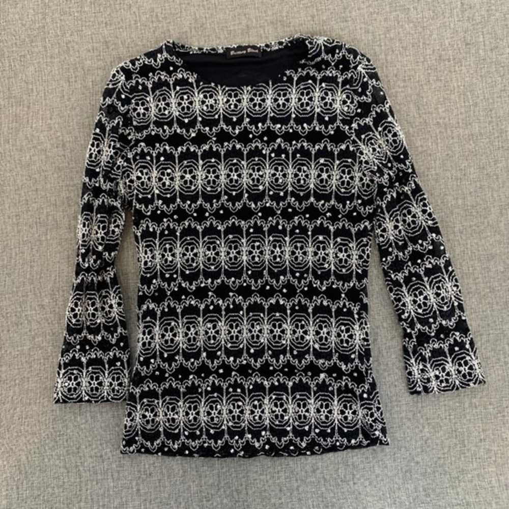 Brittany Black Black Glitter Blouse Long Sleeve Small Stretchy Slim Fit to Body